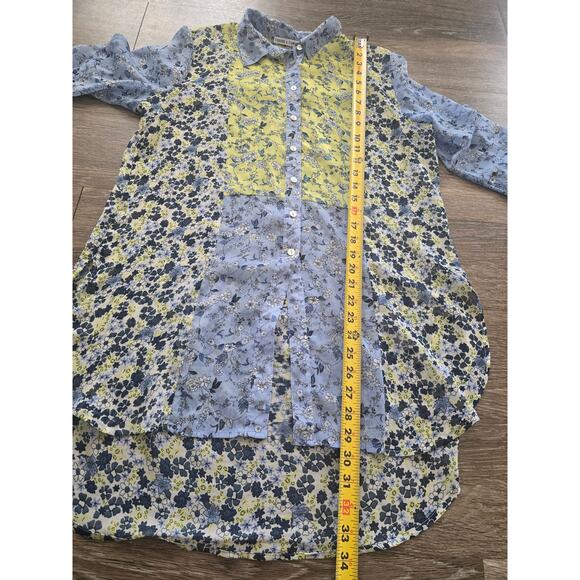 Figueroa & Flower Sheer Floral Button Down Blouse Blue Yellow Boho M Cottagecore - Picture 7 of 9